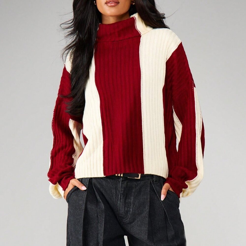Red White Casual Women's Ribbed Balloon Sleeve Knit Turtleneck Jumper